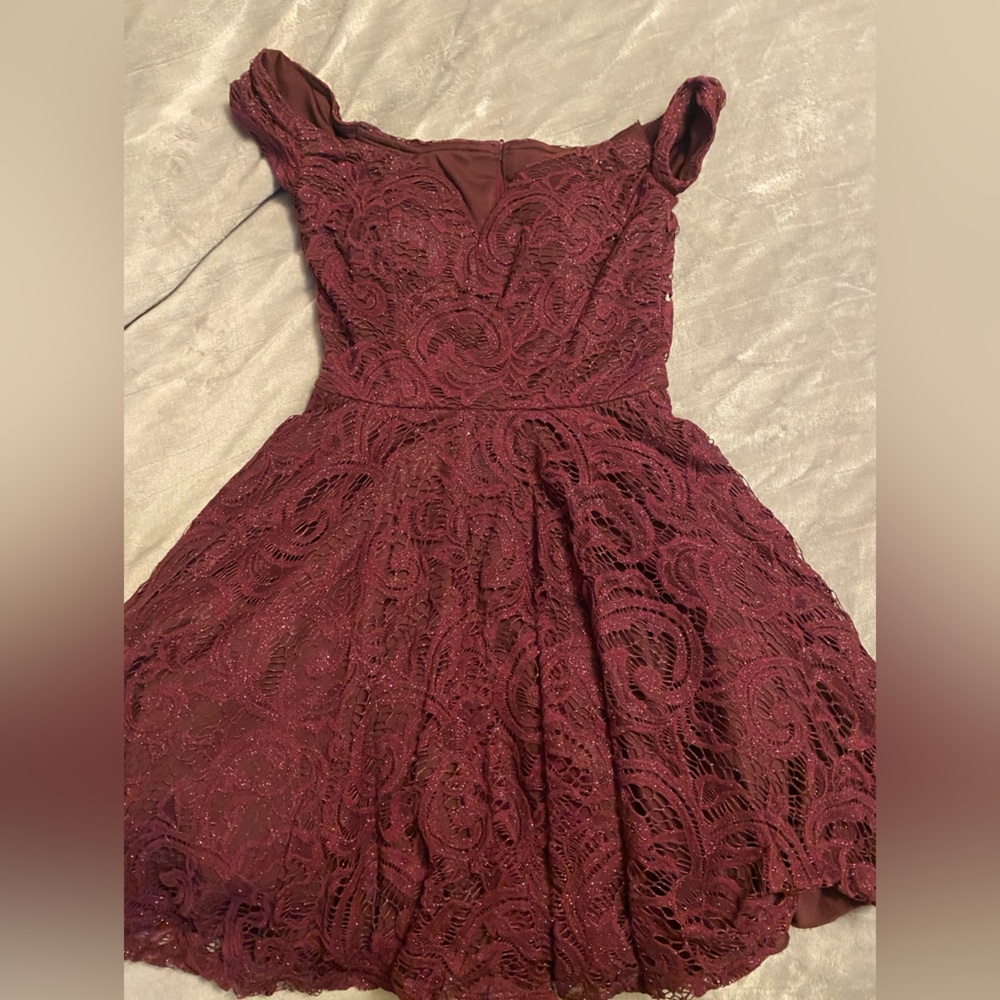 B. Smart, purchased at Macys, Size 1, Burgundy off the shoulder mini hoco dress